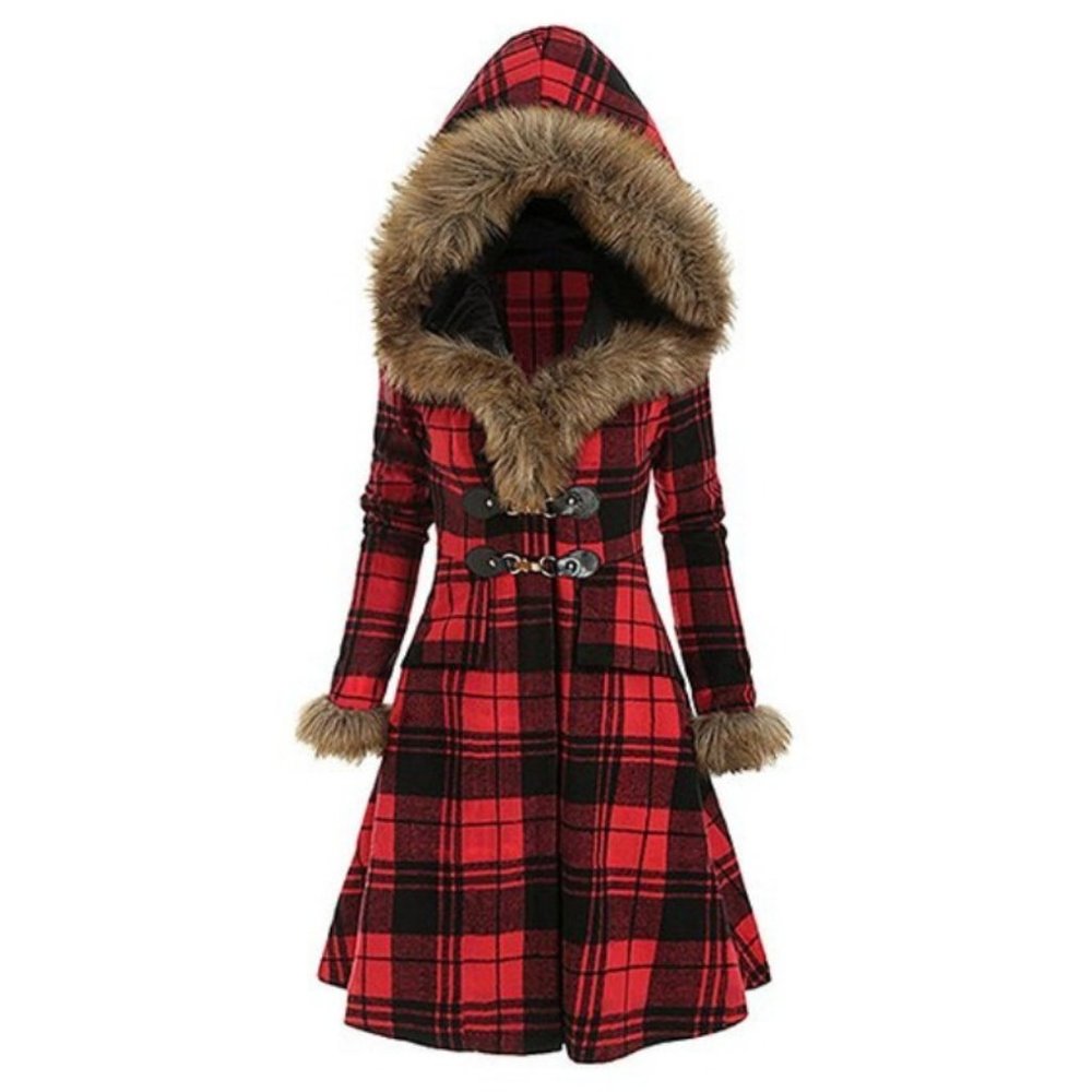 NWT Red Plaid Faux-Fur Trimmed Hood Fit-Flare Coat